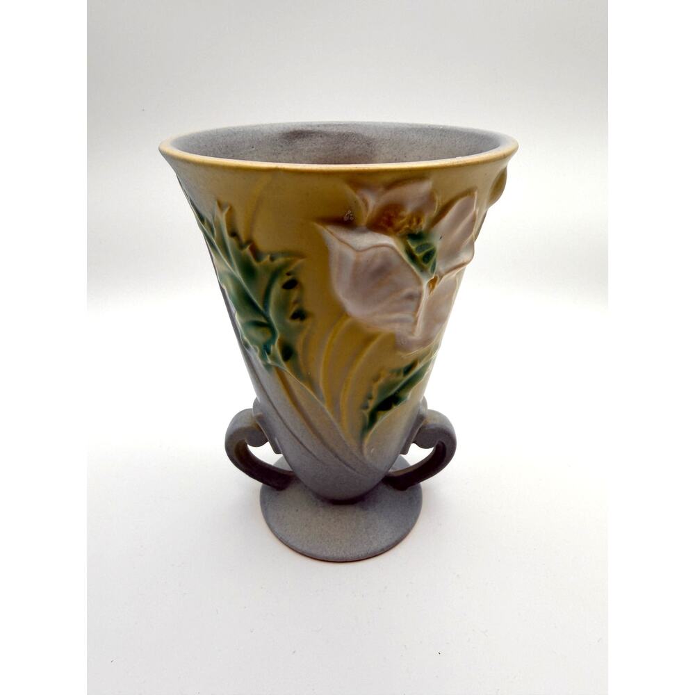 Rare Vintage Roseville Poppy Art Pottery Vase 866-6 Soft Blue Yellow 1930s Decor - Picture 2 of 13